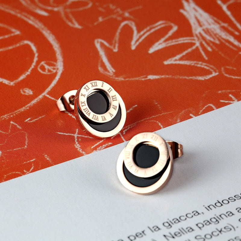 High Quality Black Enamel Roman Numerals Stud Earrings For Women/Men Girls Piercing Jewelry Titanium Steel Gold Color Earring