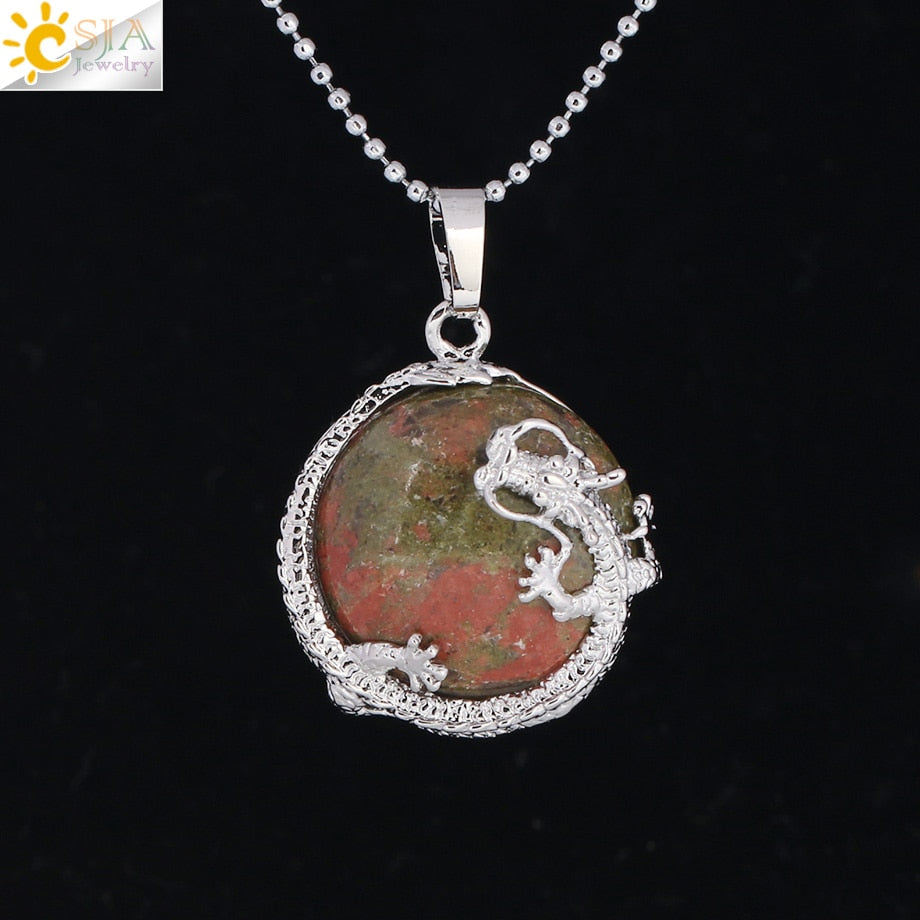 CSJA Necklaces Dragon Pendants Women Natural Stone Purple Crystal Pink Quartz Tiger Eye Lava Rock Flat Round Beads Fittings F304