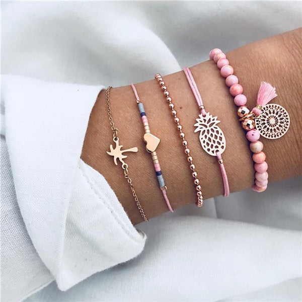 Modyle Bohemian Handmade Pink Crystal Beads Bracelets for Women Vintage Fashion Fox Map Bracelet Bangles Jewelry Gifts
