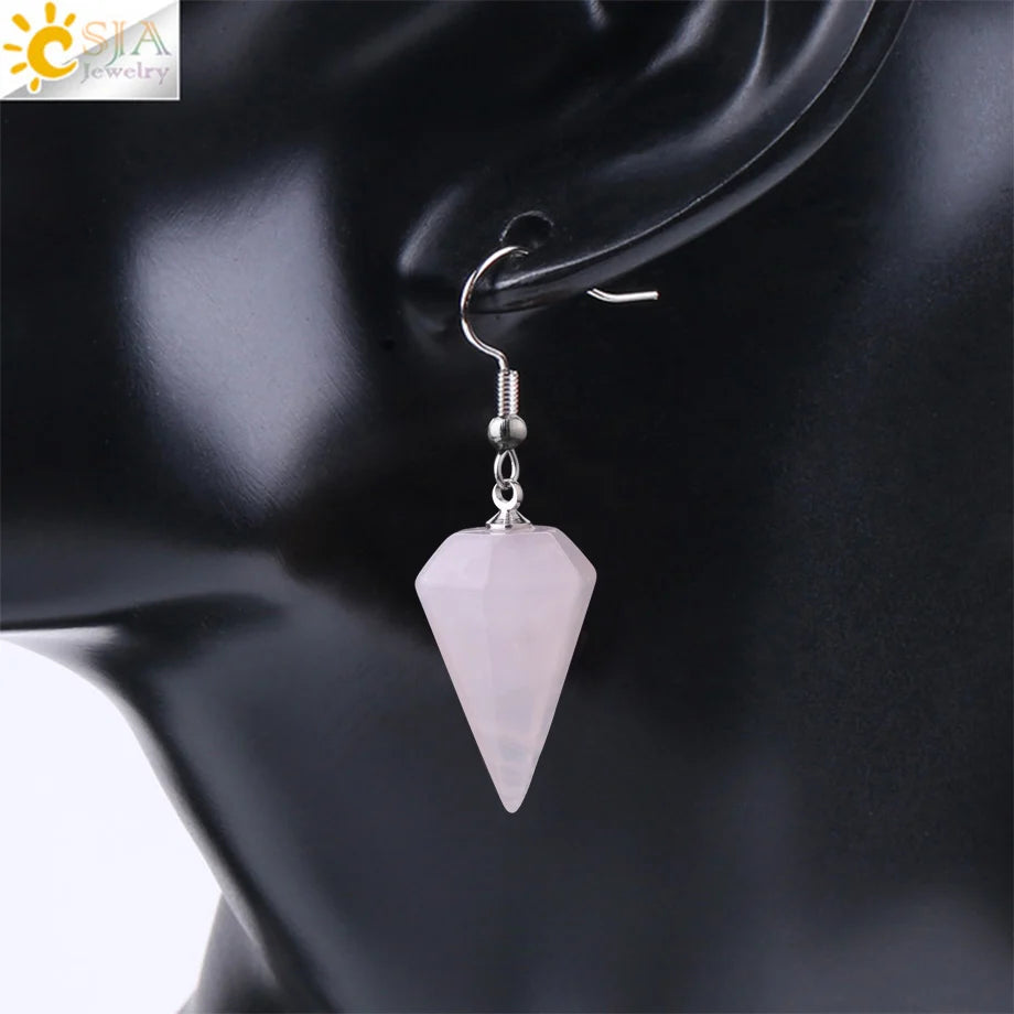 CSJA Bohemian Pyramid Drop Earrings Jewelry Earrings for Women Natural Stone Pink White Purple Crystal Quartz Lapis Lazuli E736 - Charlie Dolly