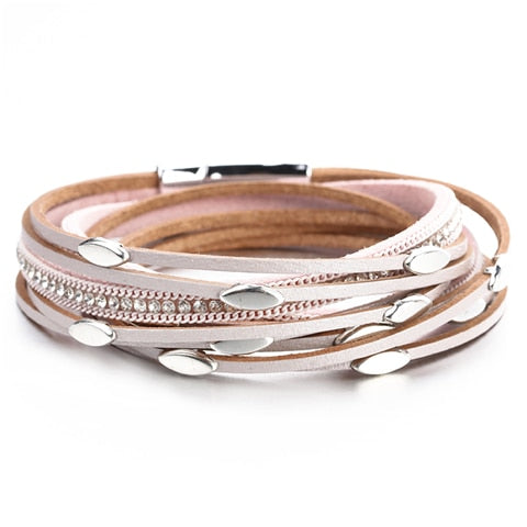 ALLYES Leaf Charm Pink Leather Bracelets for Women 2023 Fashion Crystal Chain Boho Multilayer Wrap Bracelet Femme Jewelry