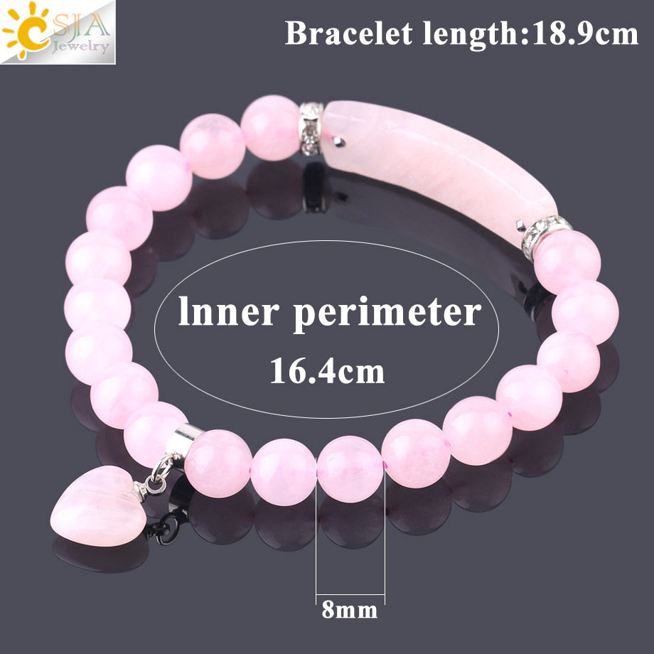 CSJA Natural Stone Pink Crystal Bracelet for Women Girls Love Heart Bracelets & Bangles Quartz Beads CZ Charms Jewelry F575