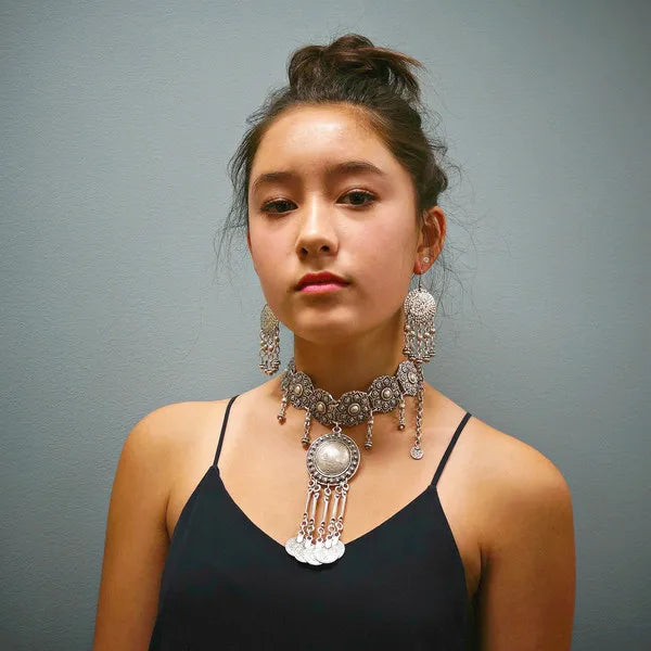 Carved Coin Tassel Tribal Necklace Jewelry
