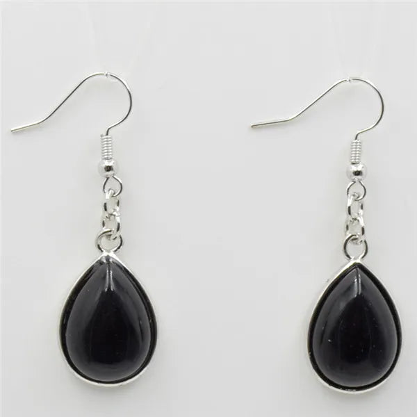 Natural Stone Teardrop Hook Earrings, Amethyst Pink Quartz Lapis Healing Jewelry