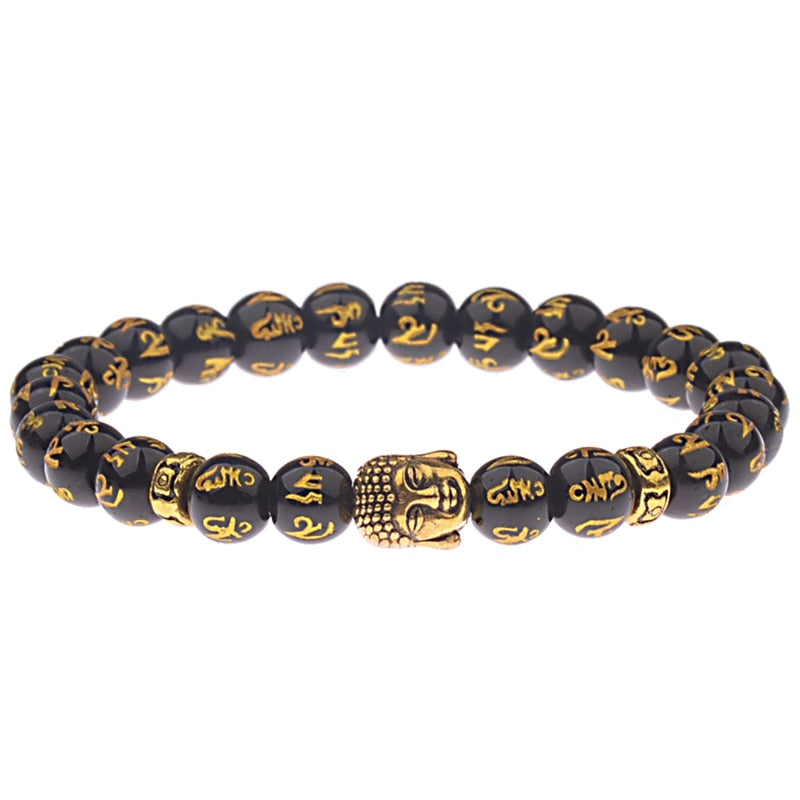 Charm Buddha&Evil Eye Bracelet Women 8mm Elastic Round Bright Black Stone Chakra Bracelets Men Erkek Bileklik Homme