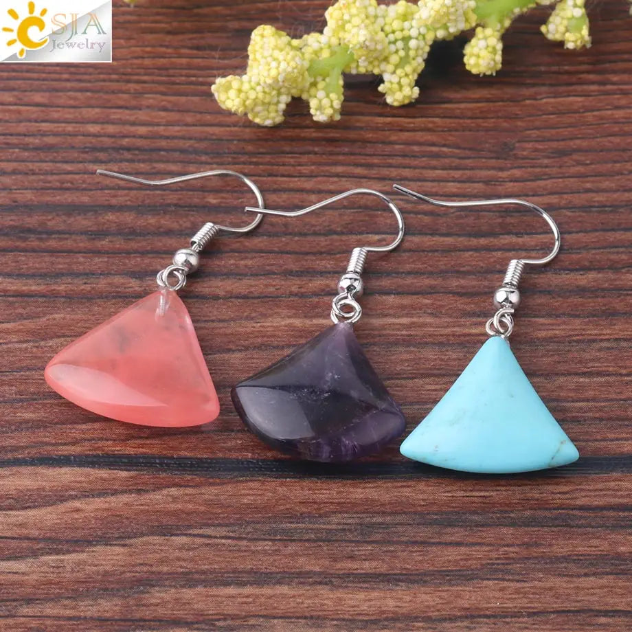 1pc Natural Stone Drop Earrings for Women Small Fan-shaped Earring Purple Pink Quartz Lapis Lazuli Crystal Tiger Eye F828 - Charlie Dolly