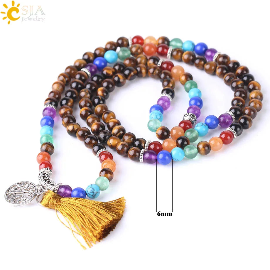 7 Chakra Natural Gem Stone Mala Tassel Long Boho Necklace