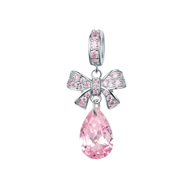 BAMOER Valentine Gift 925 Sterling Silver Pink Bowknot Droplet CZ Crystal Charms Pendant fit Chain Necklaces Jewelry SCC1074