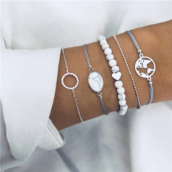 Modyle Bohemian Handmade Pink Crystal Beads Bracelets for Women Vintage Fashion Fox Map Bracelet Bangles Jewelry Gifts