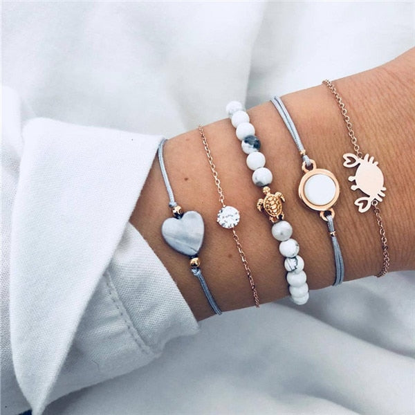 Modyle Bohemian Handmade Pink Crystal Beads Bracelets for Women Vintage Fashion Fox Map Bracelet Bangles Jewelry Gifts