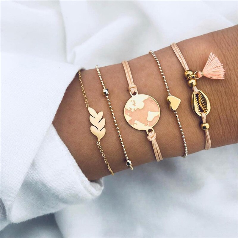 Modyle Bohemian Handmade Pink Crystal Beads Bracelets for Women Vintage Fashion Fox Map Bracelet Bangles Jewelry Gifts