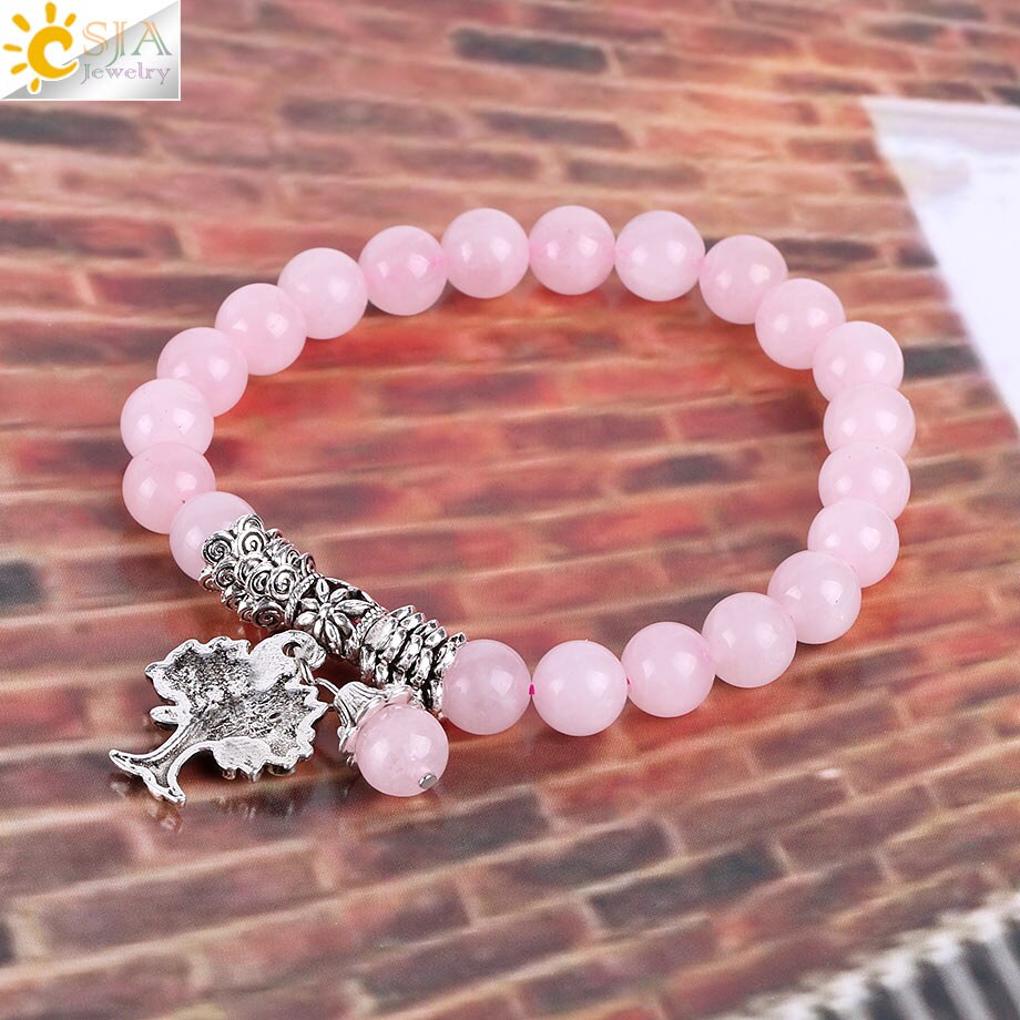 CSJA Reiki Pink Quartz Diffuser Bracelet Natural Crystal Gem Stone Mala Beads Tree of Life Charms Meditation Ethnic Jewelry E723