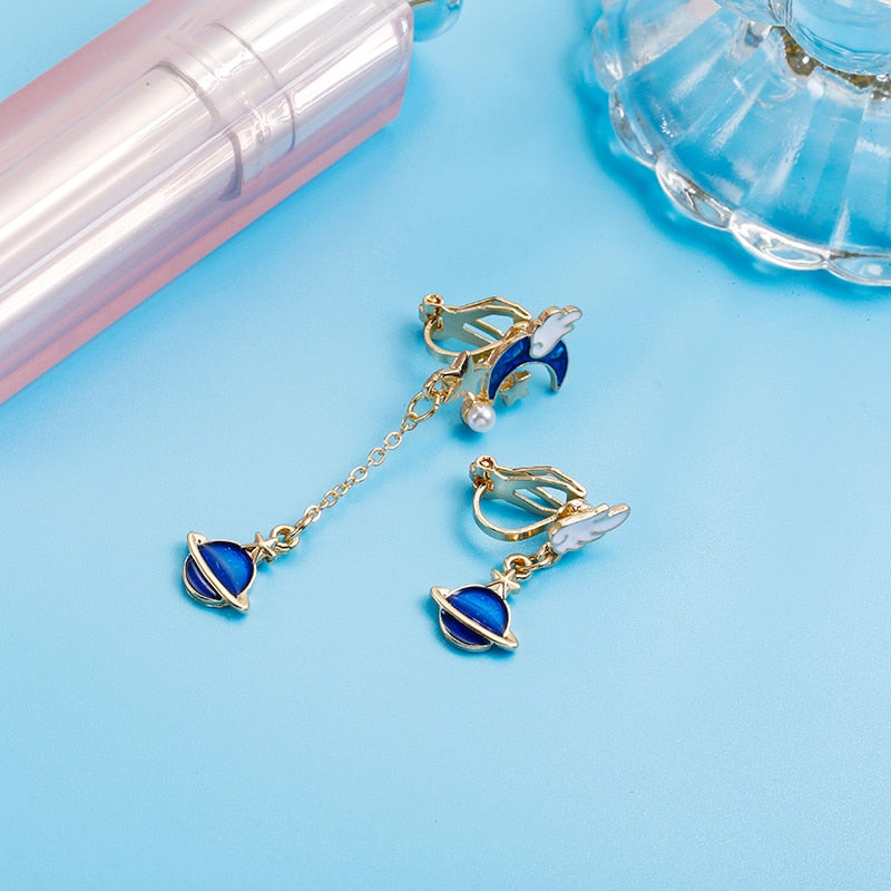 Korean Creative Clip On Earrings Cute Blue Universe Moon Star Asymmetric Long Tassel for Girl Women Without Piercing