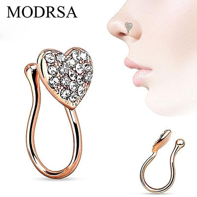 MODRSA 1Piece Heart With Gems Clip On Nose Ring Fake Non Piercing Septum Nose Clip Splint Crystal Nose Rings Hoop Body Jewelry