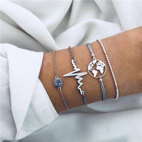 Modyle Bohemian Handmade Pink Crystal Beads Bracelets for Women Vintage Fashion Fox Map Bracelet Bangles Jewelry Gifts