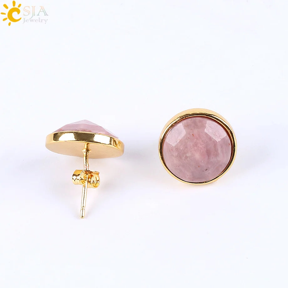 CSJA Gold Color Round Stud Earrings Natural Gem Precious Stone Green Black Obsidian Lapis Lazuli Amethysts Crystal Jewelry E597 - Charlie Dolly