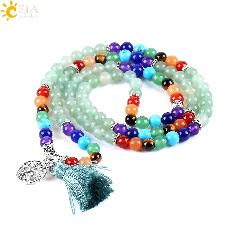 7 Chakra Natural Gem Stone Mala Tassel Long Boho Necklace