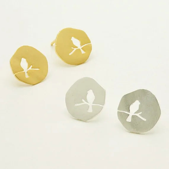 Bird On Branch Stud Earrings, Vintage Nature Boho Jewelry
