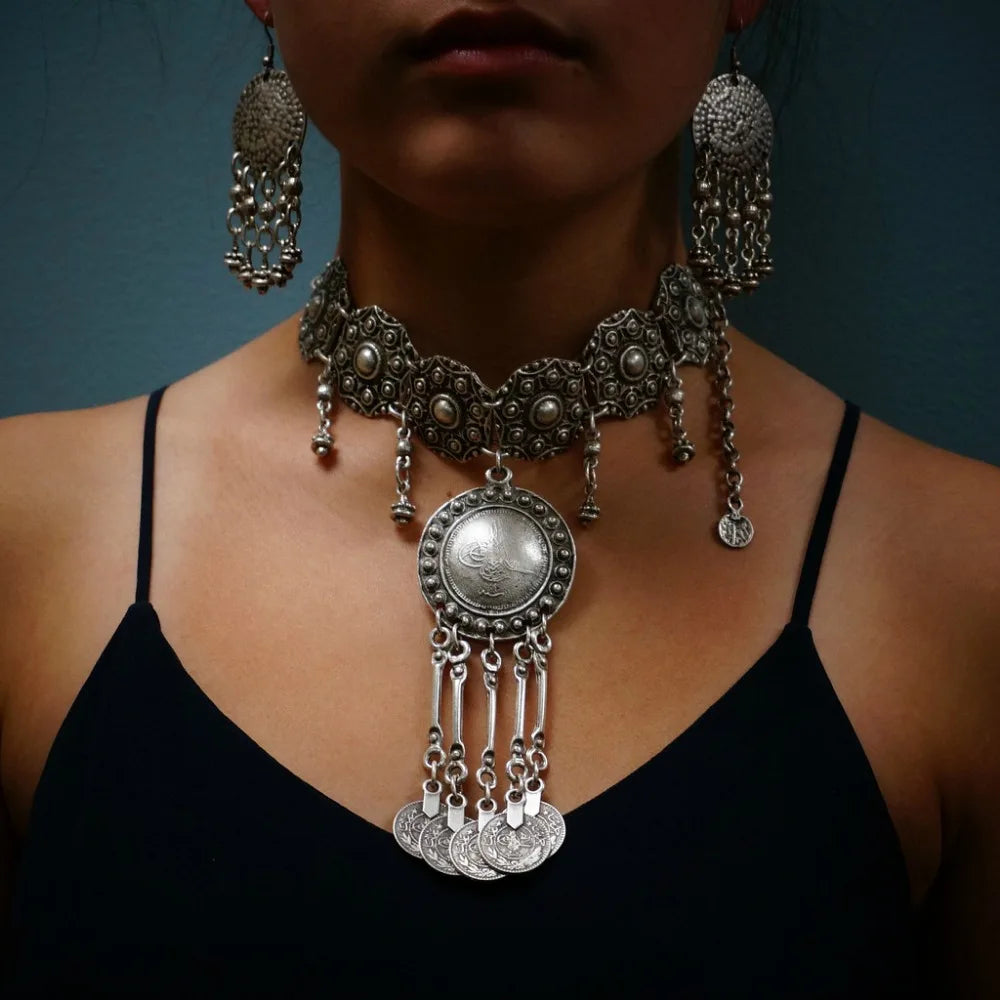 Carved Coin Tassel Tribal Necklace Jewelry