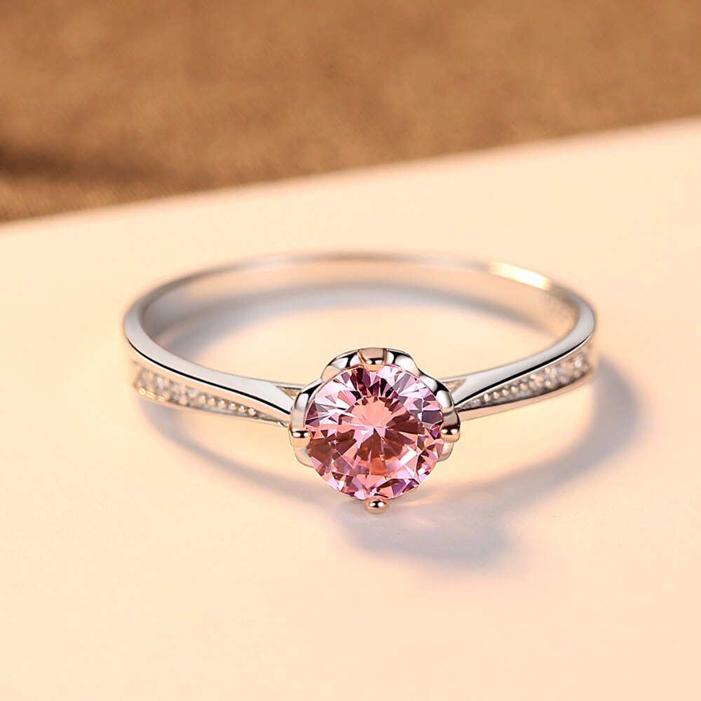 CZCITY Brand Pink Round Gemstone Romantic 925 Sterling Silver Women Wedding Bridal Engagement Fine Jewelry Brand Girlfriend Gift