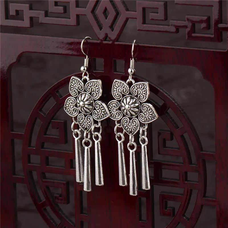 Silver Jhumka Flower Tassel Ethnic Earrings Jewelry