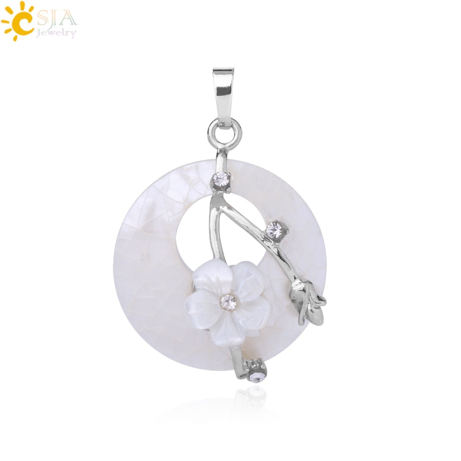 CSJA Colorful Natural Abalone Shell Pendants Necklaces White Pink Round Gems Beads Flower Zircon Women Charms Jewelry F873