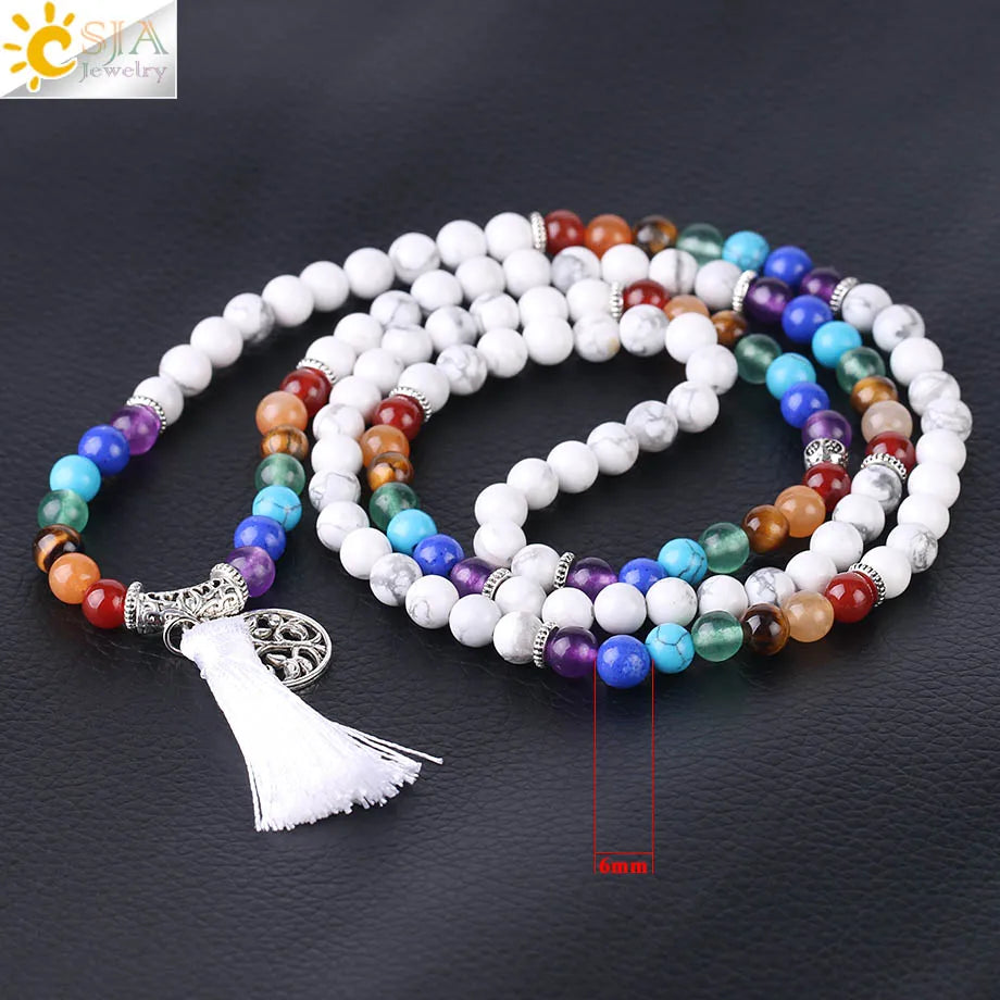 7 Chakra Natural Gem Stone Mala Tassel Long Boho Necklace