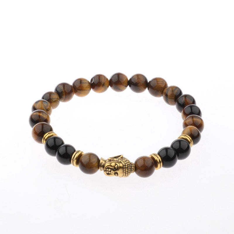 Charm Buddha&Evil Eye Bracelet Women 8mm Elastic Round Bright Black Stone Chakra Bracelets Men Erkek Bileklik Homme