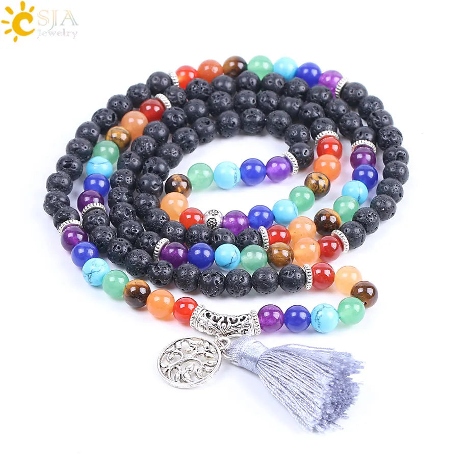 7 Chakra Natural Gem Stone Mala Tassel Long Boho Necklace