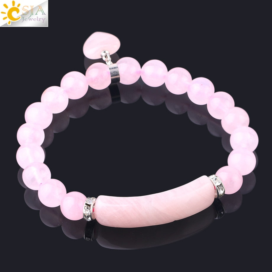 CSJA Natural Stone Pink Crystal Bracelet for Women Girls Love Heart Bracelets & Bangles Quartz Beads CZ Charms Jewelry F575