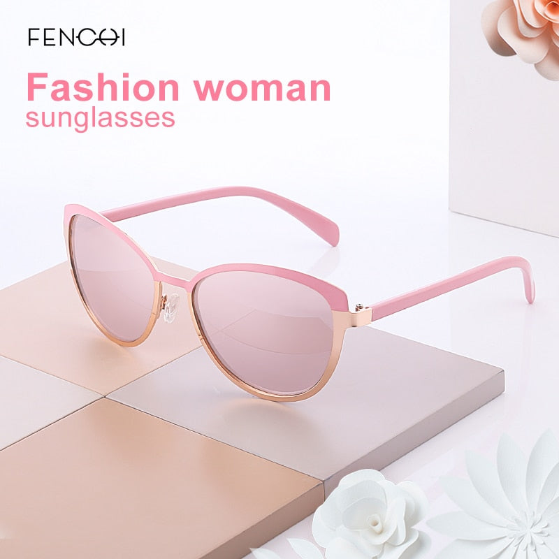FENCHI Women Sunglasses DesignerTrendy Brand Vintage Pink Mirror Sun Glasses Ladies Cat Eye Eyewear Oculos Feminino De Sol