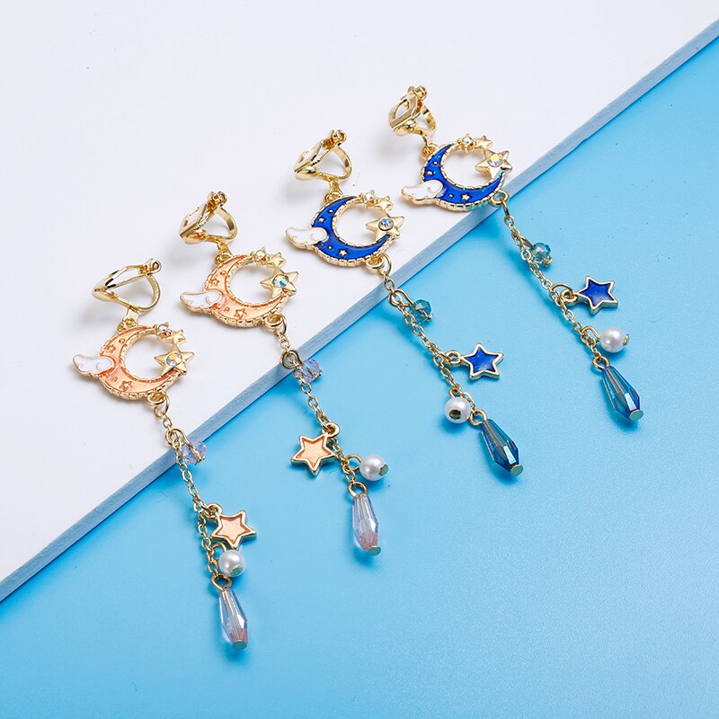 Korean Creative Clip On Earrings Cute Blue Universe Moon Star Asymmetric Long Tassel for Girl Women Without Piercing