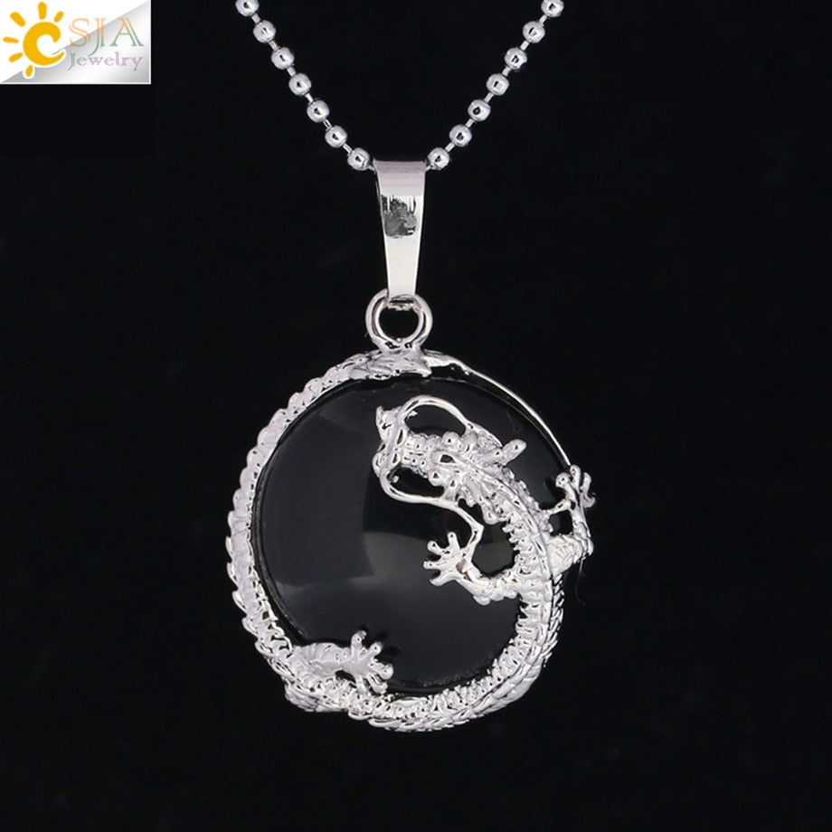 CSJA Necklaces Dragon Pendants Women Natural Stone Purple Crystal Pink Quartz Tiger Eye Lava Rock Flat Round Beads Fittings F304