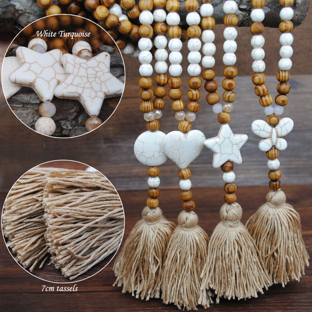 Yumfeel New Bohemian Necklace Handmade Stones Tassels Wood Beads Necklace Long Women Jewelry Gifts
