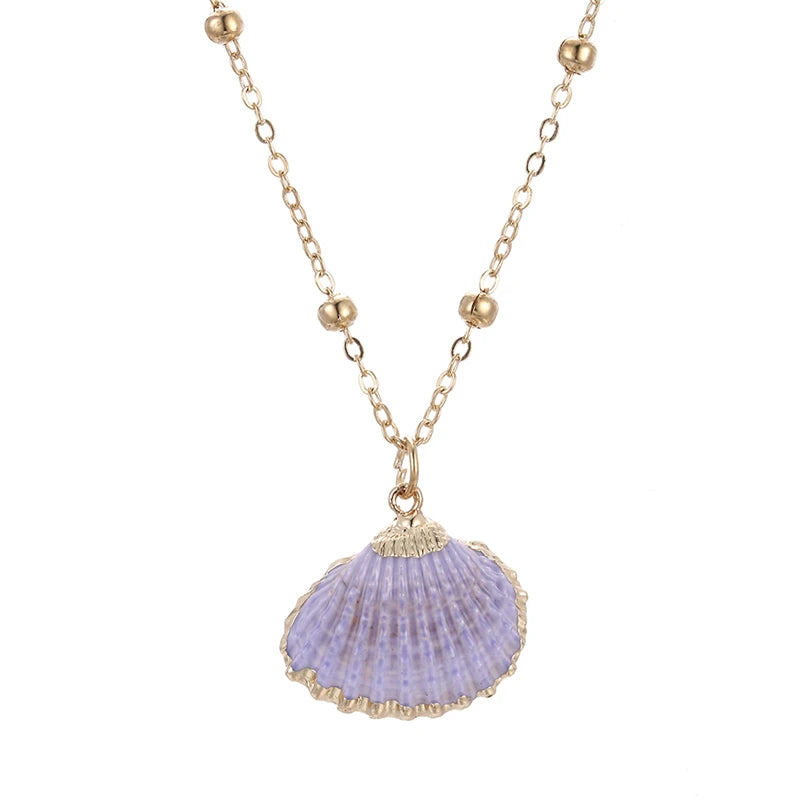Natural Conch and Cowrie Shell Pendant Boho Necklace