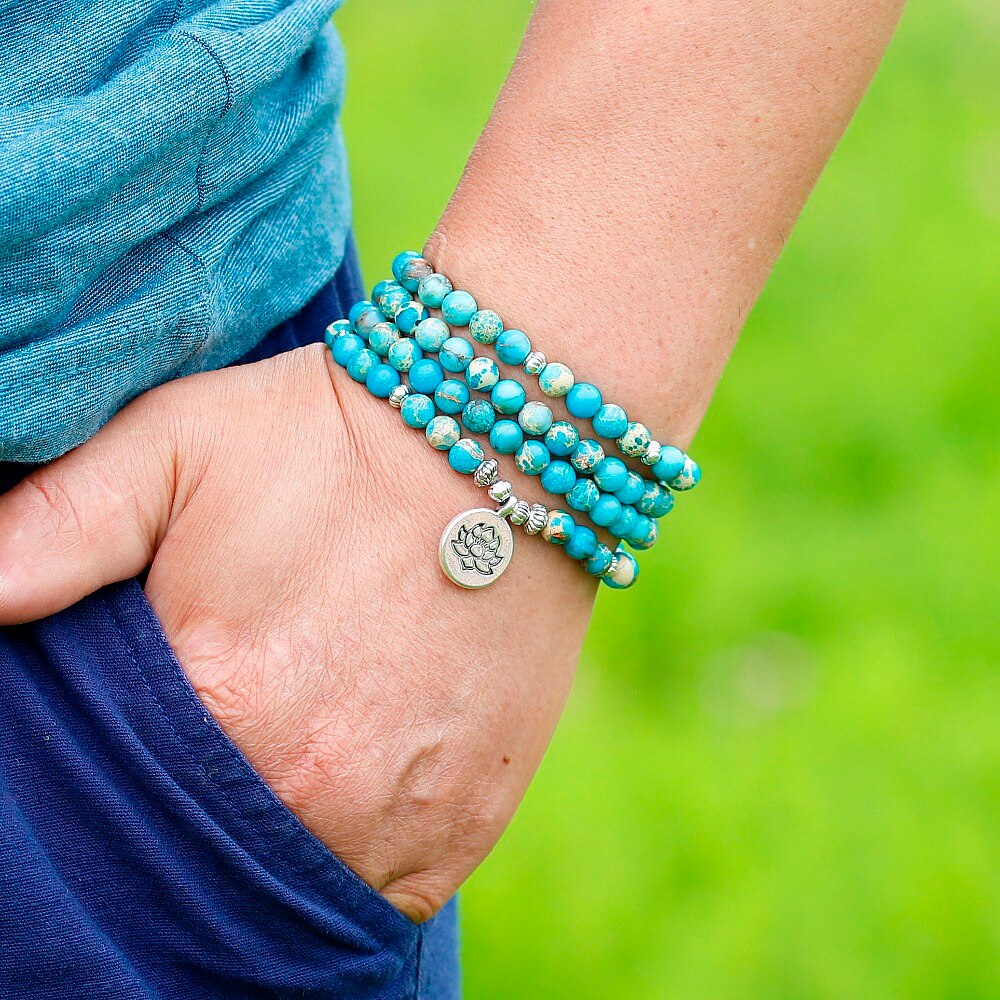 Natural Stone Beads blue Sea Sediment Bracelet Men Lotus Buddha Om Charm Necklace Elastic rope Bracelets 108 Mala Jewelry
