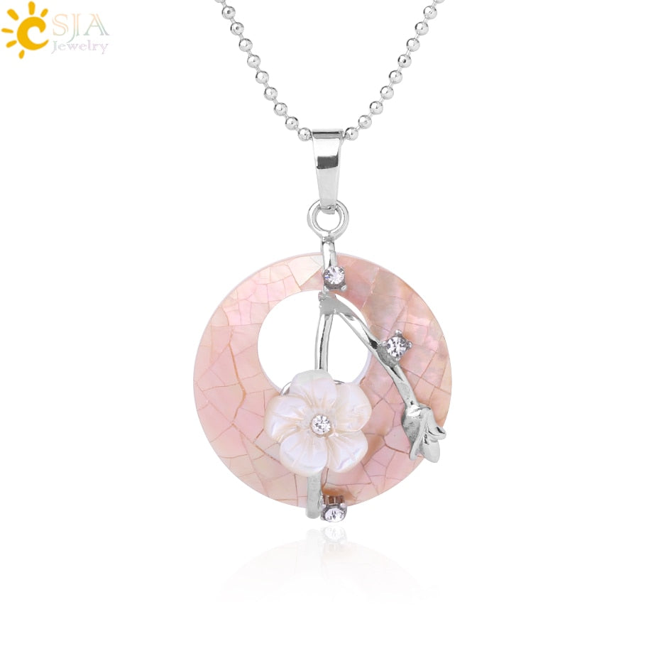CSJA Colorful Natural Abalone Shell Pendants Necklaces White Pink Round Gems Beads Flower Zircon Women Charms Jewelry F873