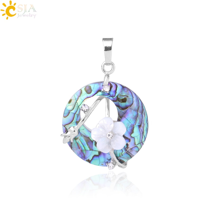 CSJA Colorful Natural Abalone Shell Pendants Necklaces White Pink Round Gems Beads Flower Zircon Women Charms Jewelry F873