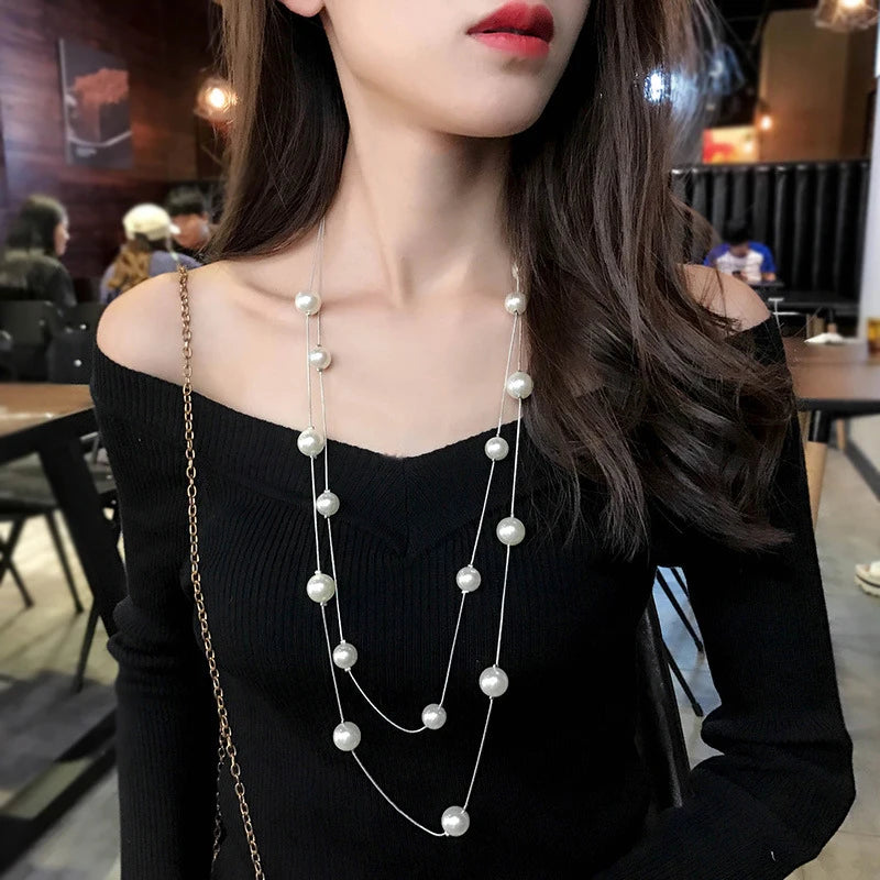 Simulated Pearl Long Double Layer Necklace Jewelry