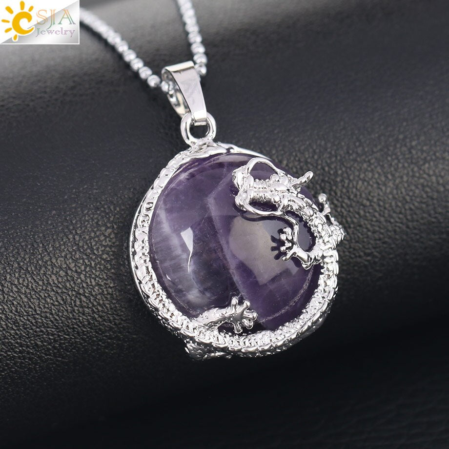 CSJA Necklaces Dragon Pendants Women Natural Stone Purple Crystal Pink Quartz Tiger Eye Lava Rock Flat Round Beads Fittings F304