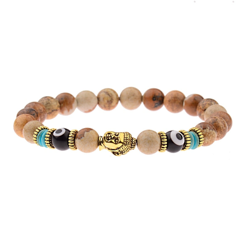 Charm Buddha&Evil Eye Bracelet Women 8mm Elastic Round Bright Black Stone Chakra Bracelets Men Erkek Bileklik Homme