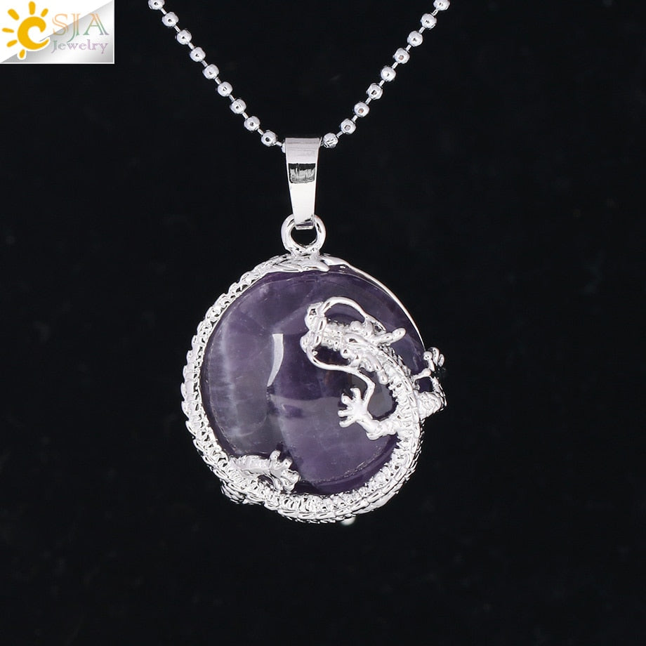CSJA Necklaces Dragon Pendants Women Natural Stone Purple Crystal Pink Quartz Tiger Eye Lava Rock Flat Round Beads Fittings F304