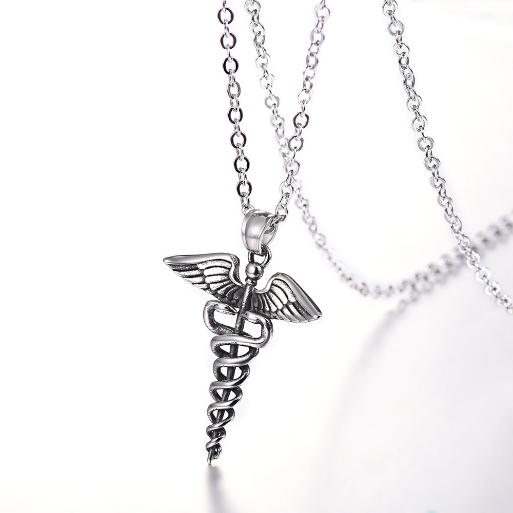U7 Caduceus Pendants Necklace Medical Symbol Nurse Doctor Stainless Steel Double Snake Wings Mythology Necklaces for Women Men