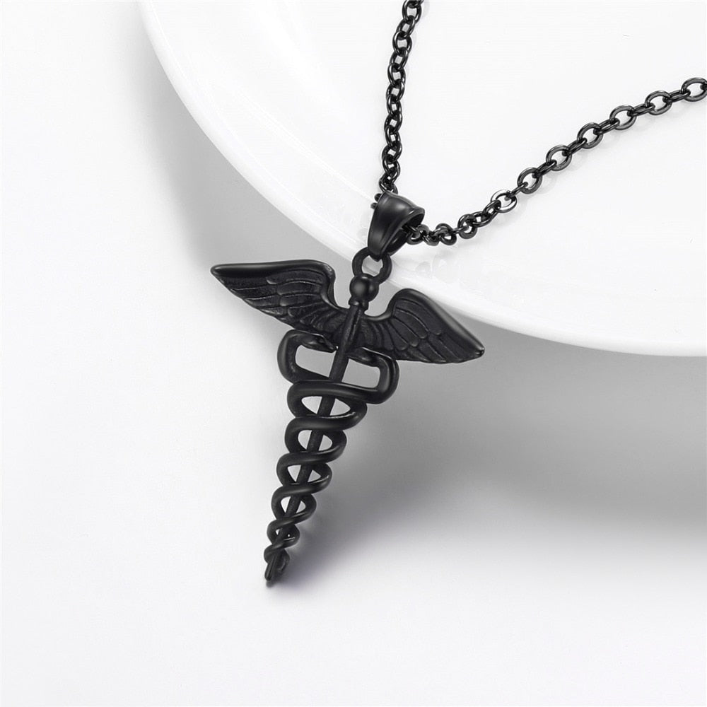 U7 Caduceus Pendants Necklace Medical Symbol Nurse Doctor Stainless Steel Double Snake Wings Mythology Necklaces for Women Men