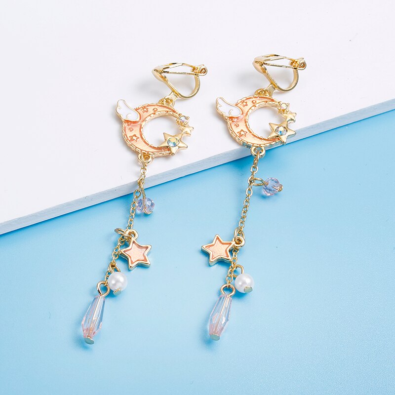 Korean Creative Clip On Earrings Cute Blue Universe Moon Star Asymmetric Long Tassel for Girl Women Without Piercing