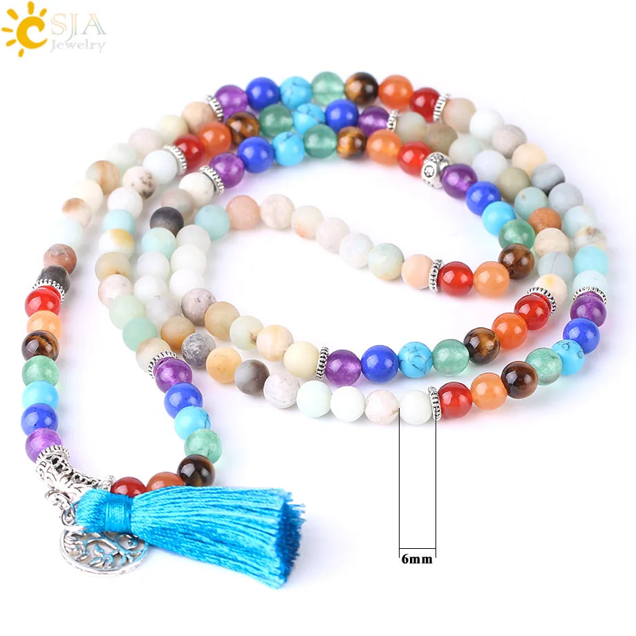 7 Chakra Natural Gem Stone Mala Tassel Long Boho Necklace