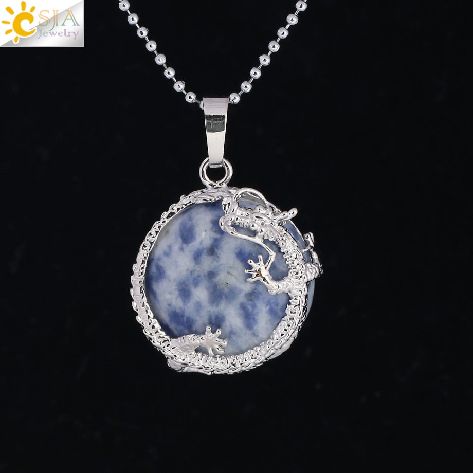 CSJA Necklaces Dragon Pendants Women Natural Stone Purple Crystal Pink Quartz Tiger Eye Lava Rock Flat Round Beads Fittings F304