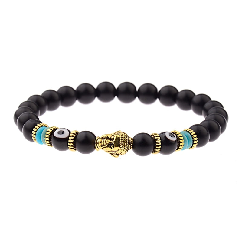 Charm Buddha&Evil Eye Bracelet Women 8mm Elastic Round Bright Black Stone Chakra Bracelets Men Erkek Bileklik Homme