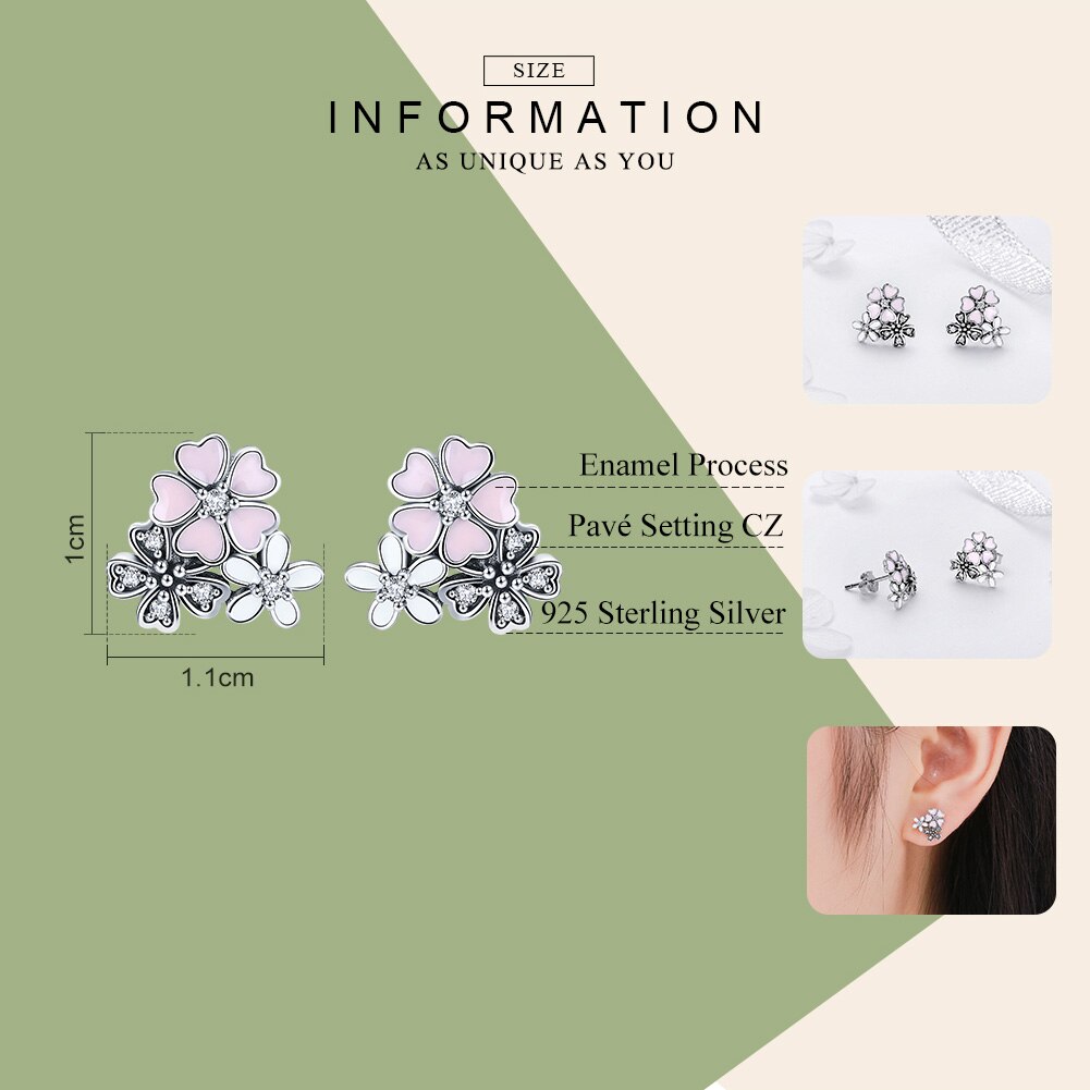 BAMOER 100% 925 Sterling Silver Pink Daisy Cherry Blossoms Flower Stud Earrings for Women Sterling Silver Jewelry Gift SCE400