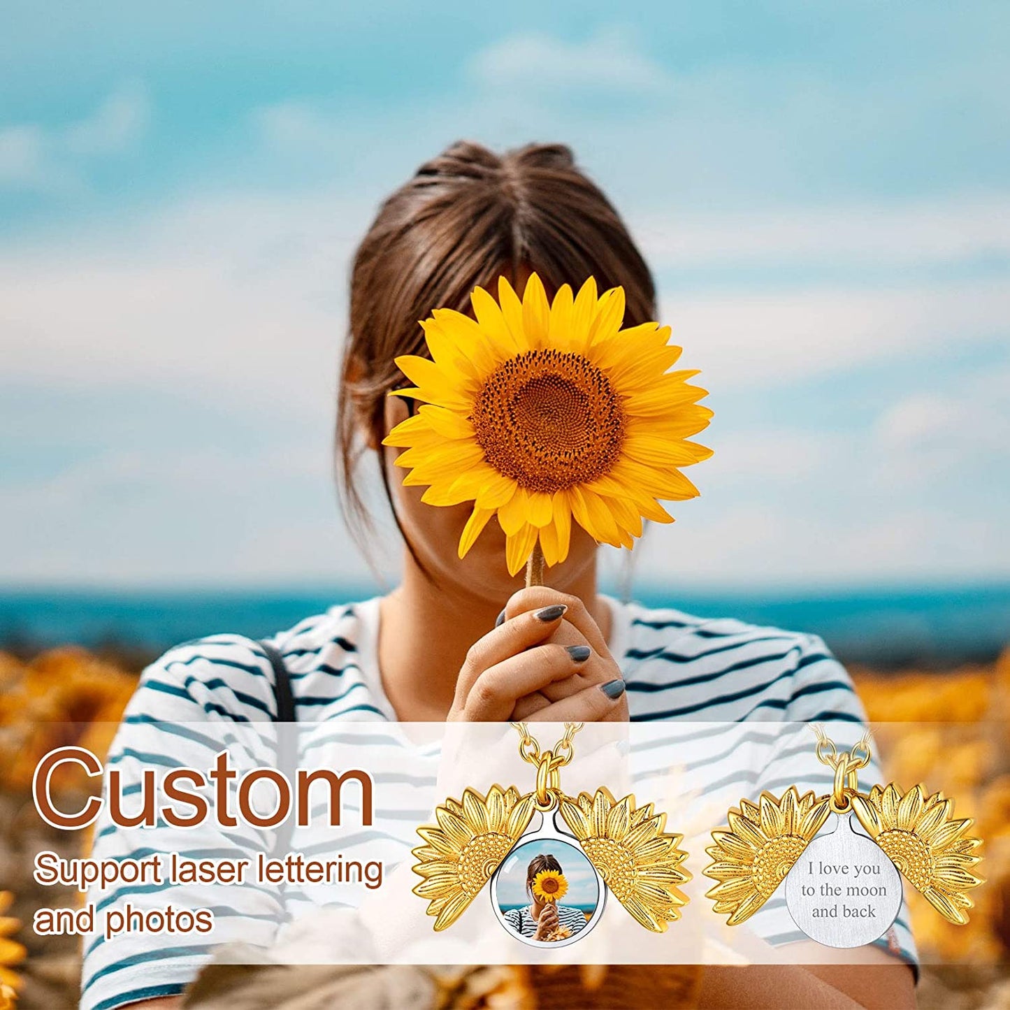U7 Picture Sunflower Locket for Women Customized Photo Memory Locket Necklace